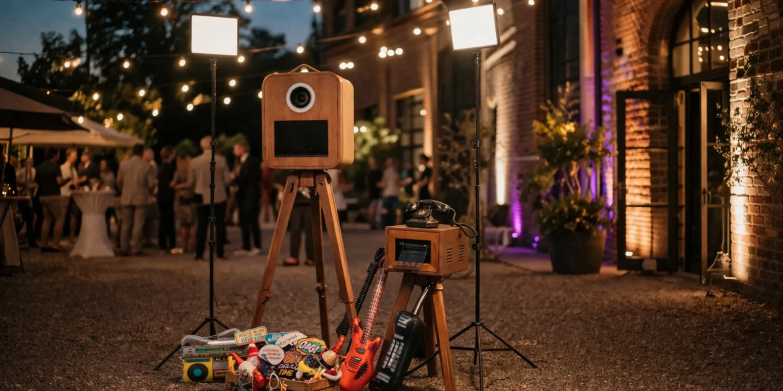Fotobox im Holzdesign auf stilvoller Abendveranstaltung mit Lichterketten, Gästen und Partyrequisiten im Hintergrund