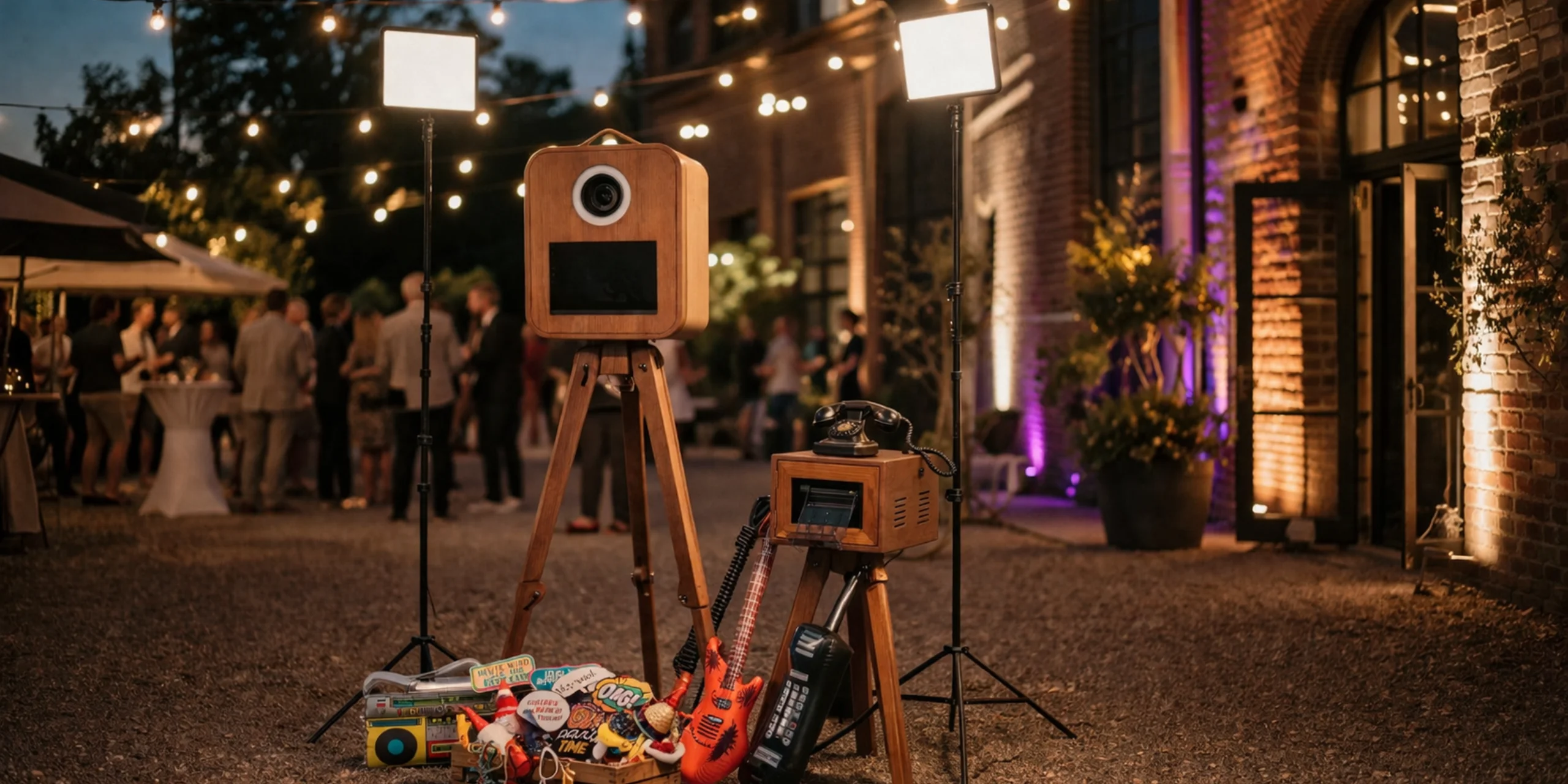 Fotobox im Holzdesign auf stilvoller Abendveranstaltung mit Lichterketten, Gästen und Partyrequisiten im Hintergrund