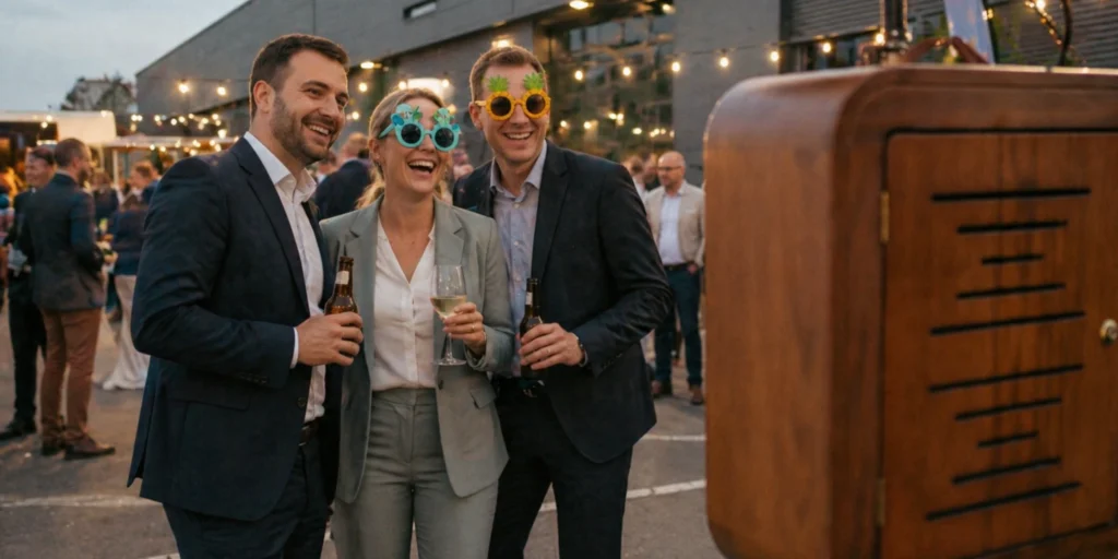 Drei Gäste mit Spaßbrillen posieren lachend vor einer Fotobox auf einer Outdoor-Feier mit Lichterketten