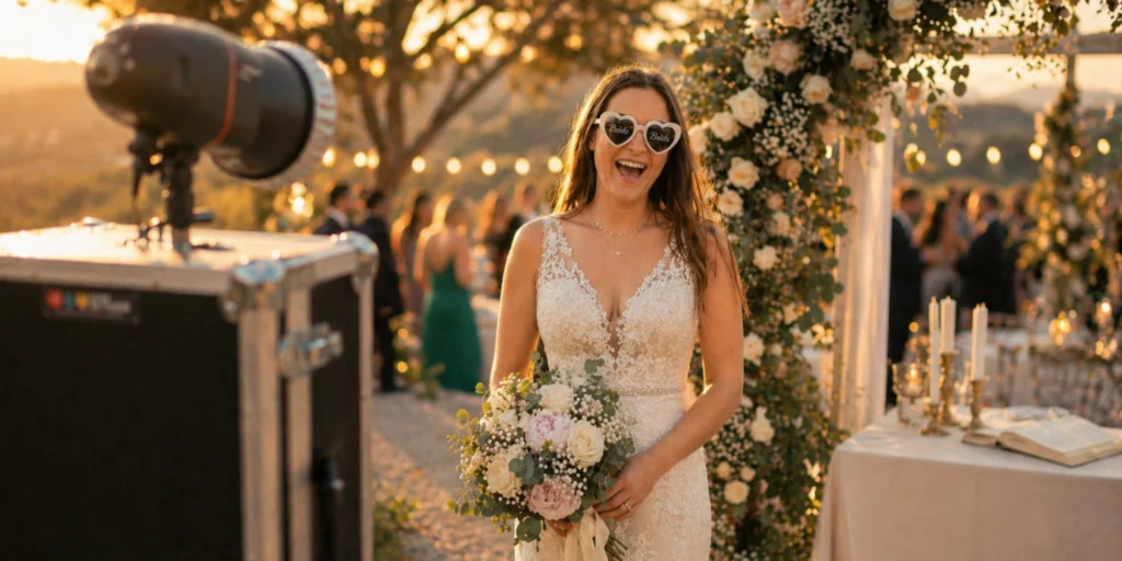 Braut im Spitzenkleid mit Blumenstrauß bei Outdoor-Hochzeit in der Golden Hour, Fotobox im Vordergrund, romantische Pergola mit Blumen und Lichterketten im Hintergrund