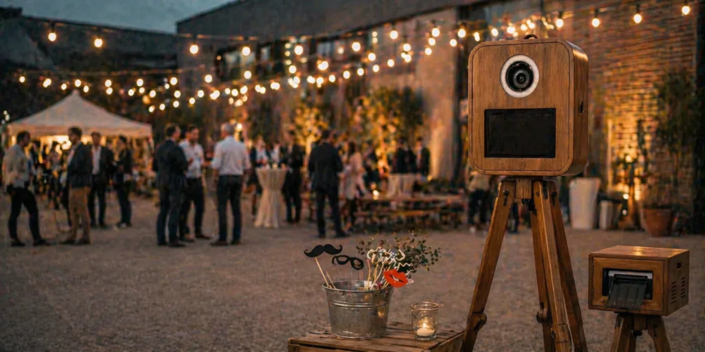 Fotobox im Holzdesign mit Requisiten auf einer abendlichen Outdoor-Veranstaltung mit Lichterketten und Gästen im Hintergrund
