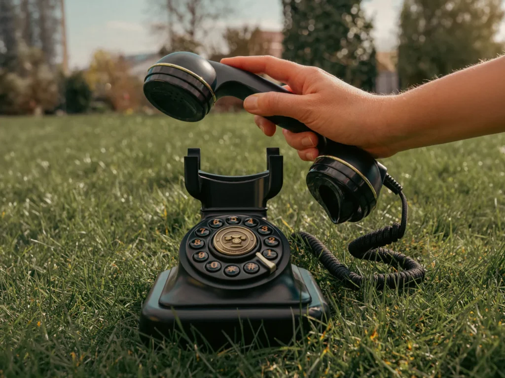 Hand hält den Hörer eines schwarzen Telefons auf einer Wiese.