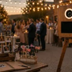 Stilvolle Holz-Fotobox bei romantischer Outdoor-Hochzeit mit Polaroids, Gästebuch, Blumen und kreativen Accessoires in der Golden Hour