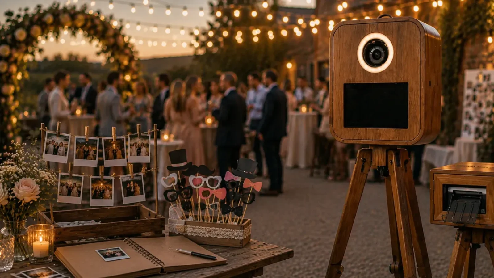 Stilvolle Holz-Fotobox bei romantischer Outdoor-Hochzeit mit Polaroids, Gästebuch, Blumen und kreativen Accessoires in der Golden Hour