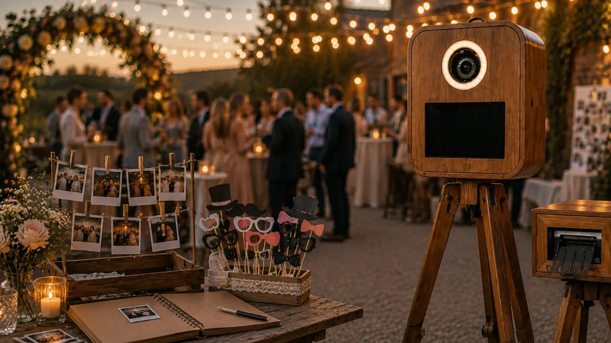Stilvolle Holz-Fotobox bei romantischer Outdoor-Hochzeit mit Polaroids, Gästebuch, Blumen und kreativen Accessoires in der Golden Hour