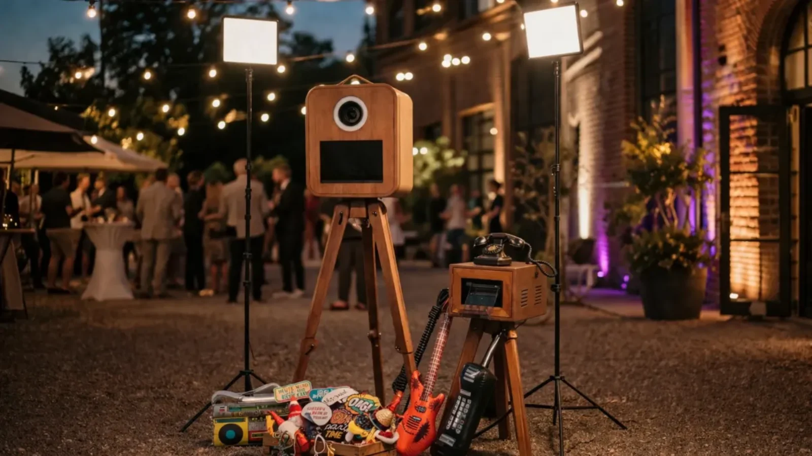 Fotobox im Holzdesign auf stilvoller Abendveranstaltung mit Lichterketten, Gästen und Partyrequisiten im Hintergrund