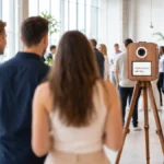Fotobox mit Sofortdrucker auf einer modernen Firmenfeier in heller Eventlocation, während Gäste miteinander netzwerken und sich unterhalten.