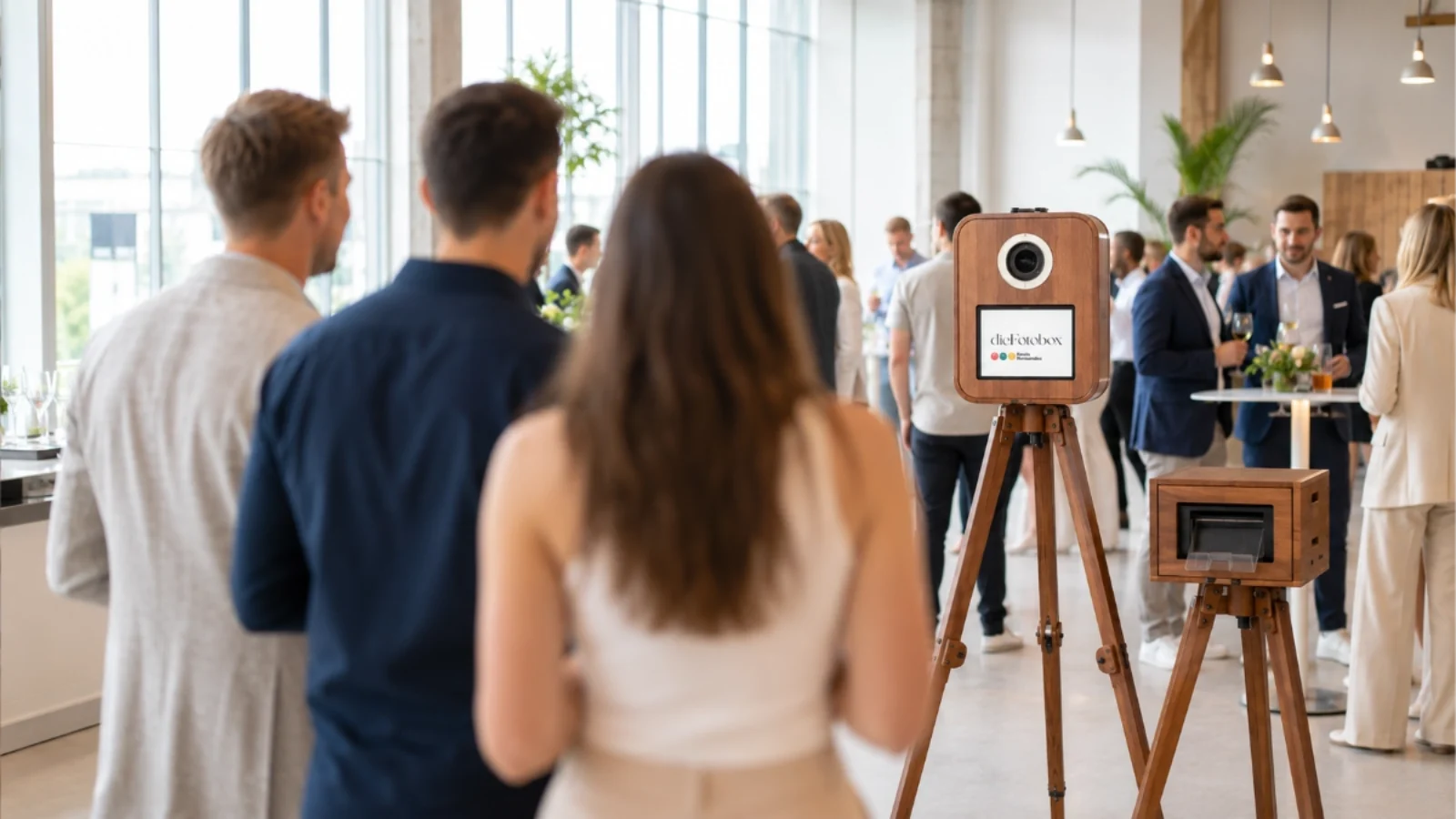 Fotobox mit Sofortdrucker auf einer modernen Firmenfeier in heller Eventlocation, während Gäste miteinander netzwerken und sich unterhalten.