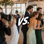 Fotografin mit Sony Alpha Kamera und Hochzeitsgäste an einer Holz-Fotobox im direkten Vergleich auf einer Hochzeit.
