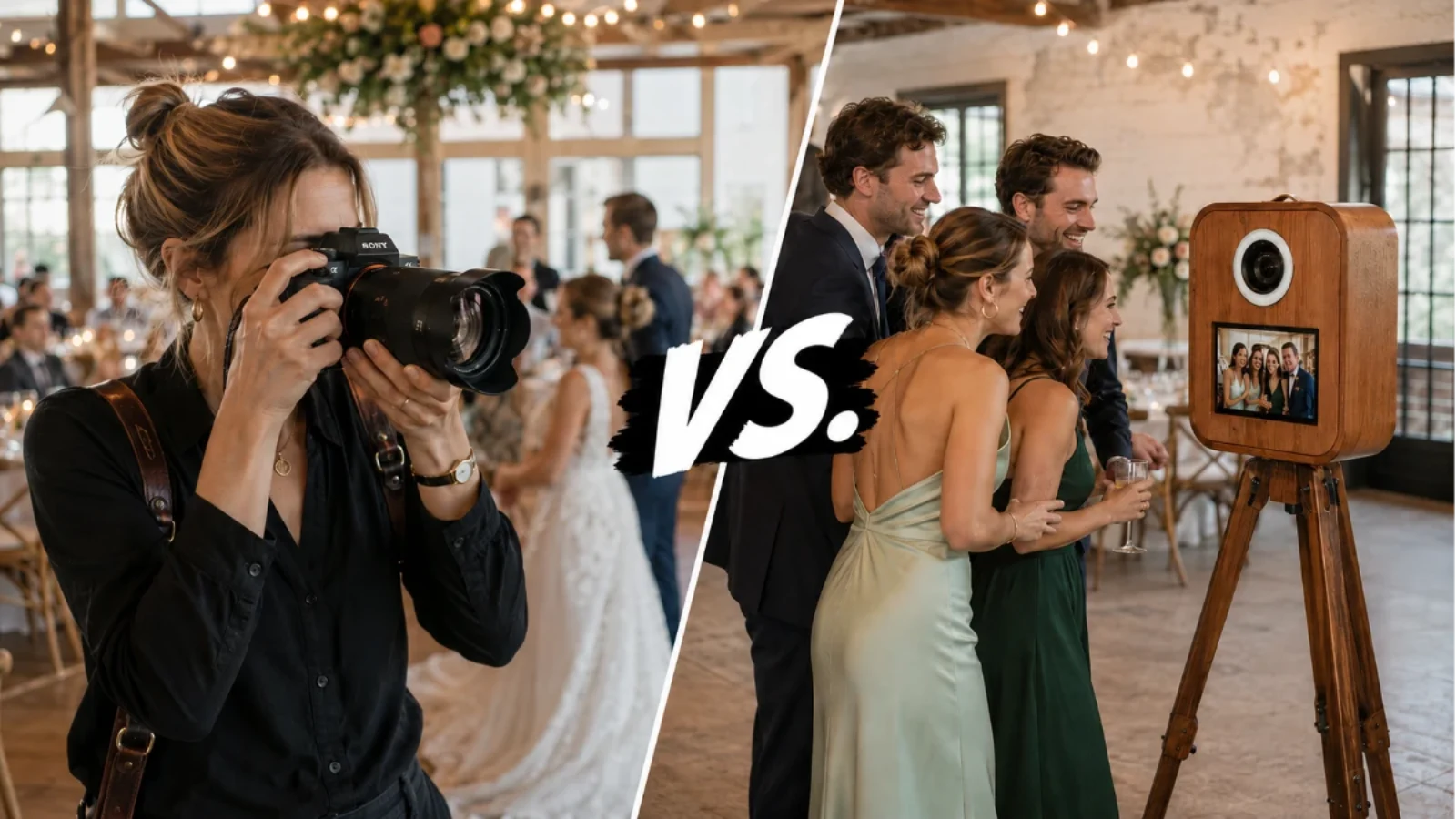 Fotografin mit Sony Alpha Kamera und Hochzeitsgäste an einer Holz-Fotobox im direkten Vergleich auf einer Hochzeit.