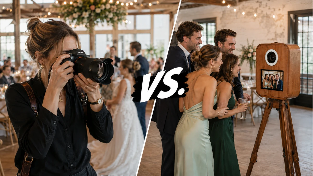 Fotografin mit Sony Alpha Kamera und Hochzeitsgäste an einer Holz-Fotobox im direkten Vergleich auf einer Hochzeit.