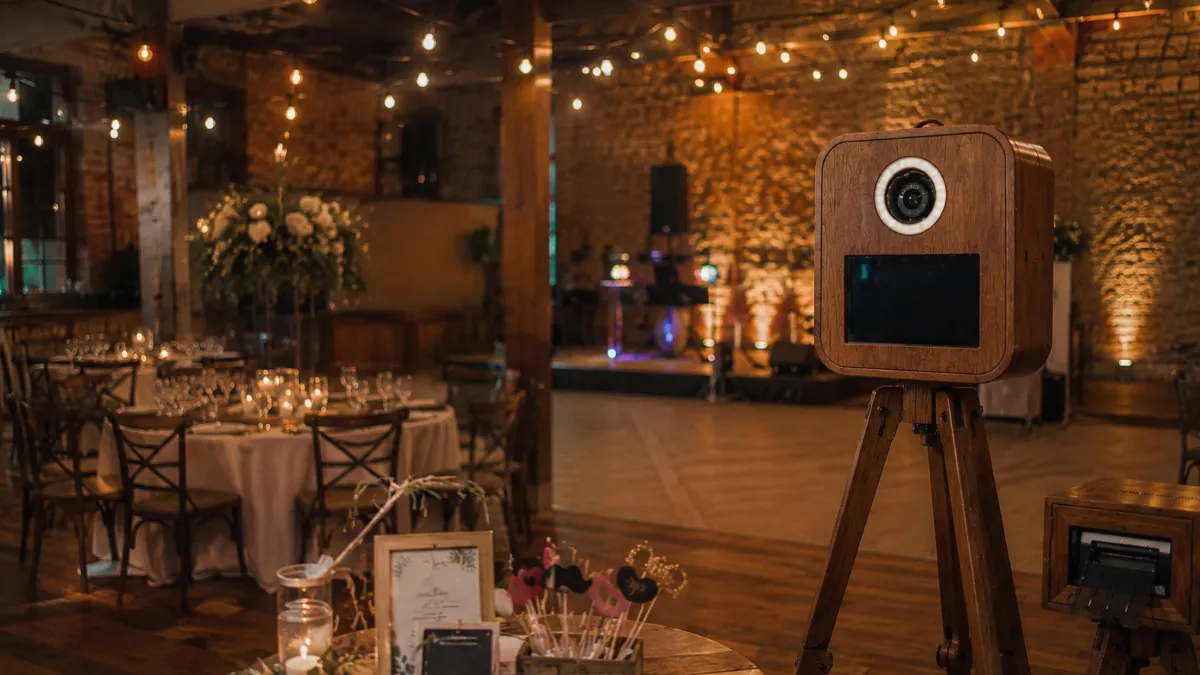 Holz-Fotobox mit Sofortdrucker in einer stilvollen Hochzeitslocation mit festlich gedeckten Tischen, Tanzfläche und stimmungsvoller Beleuchtung.