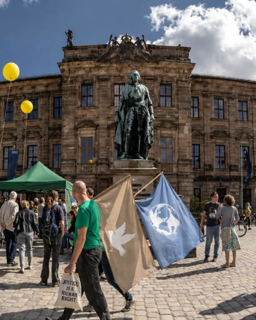 Menschen auf einem Platz in Erlangen vor historischem Gebäude mit Statue, Fahnen und Ballons bei Tageslicht